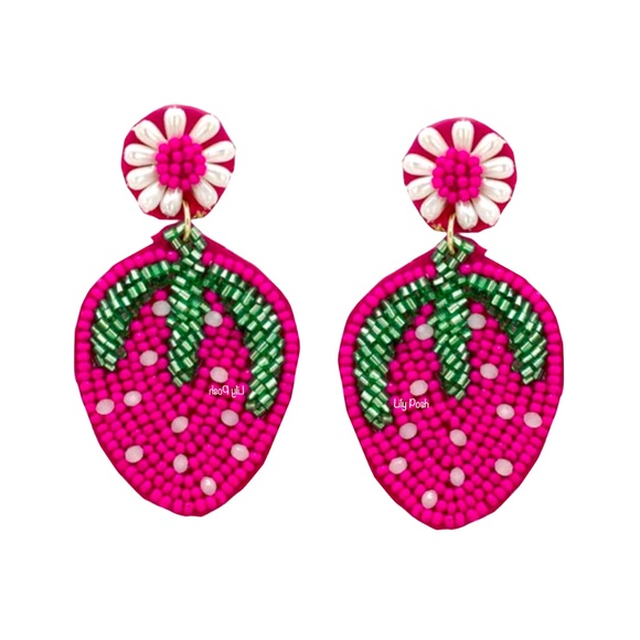 Strawberry Earring, Beaded Fruit Statement Earring, Lily Posh - Picture 1 of 2